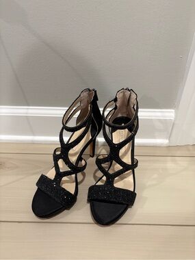 ANTONIO MELANI Black Glitter Strappy High Heel Sandals